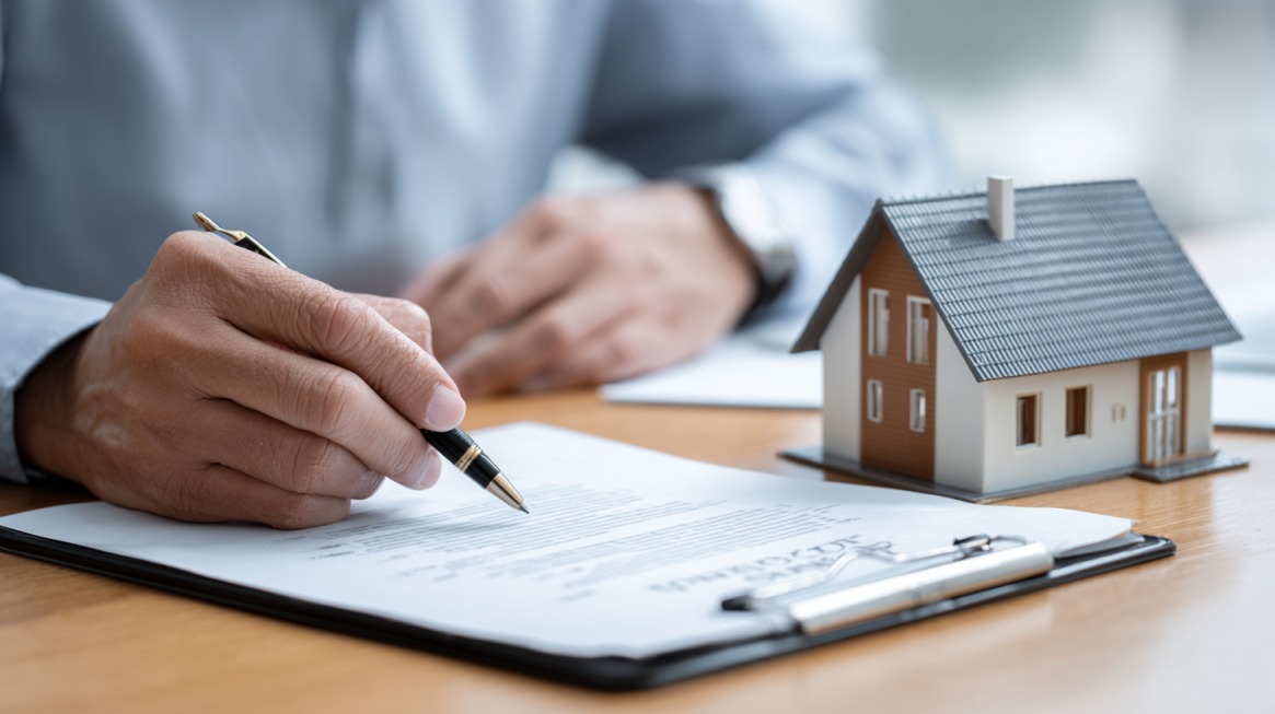 Person signing a contract with a pen next to a model house on a desk