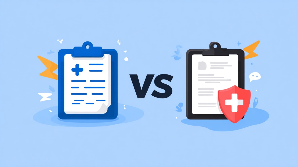 Illustration showing two clipboards with a "VS" in between, representing a comparison between two health insurance policies