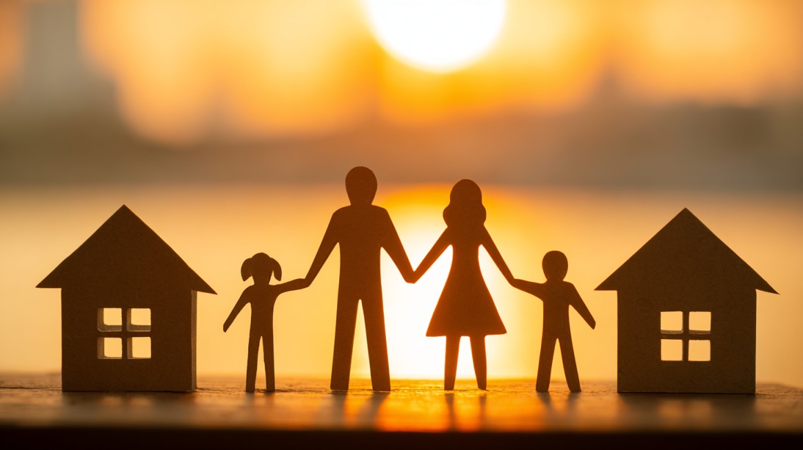 Paper cutout of a family holding hands between two houses with a sunset in the background