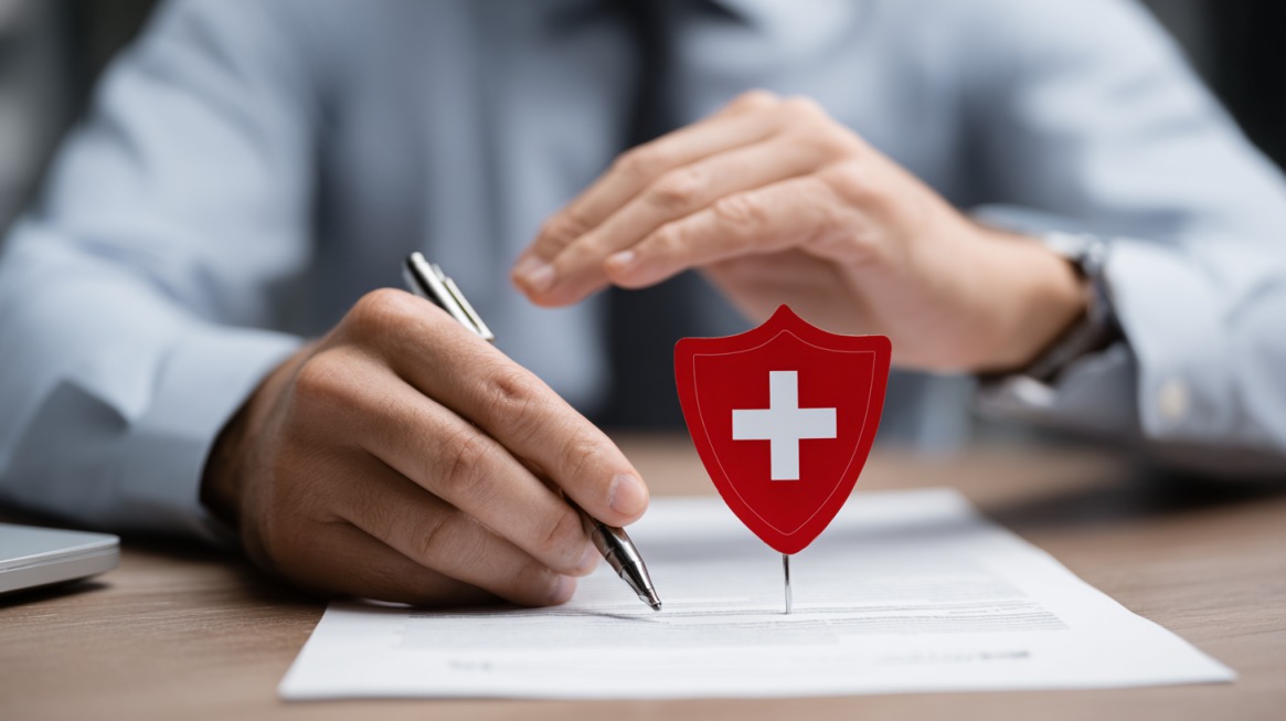 Close-up of a person signing a document with a red health insurance shield icon on the table
