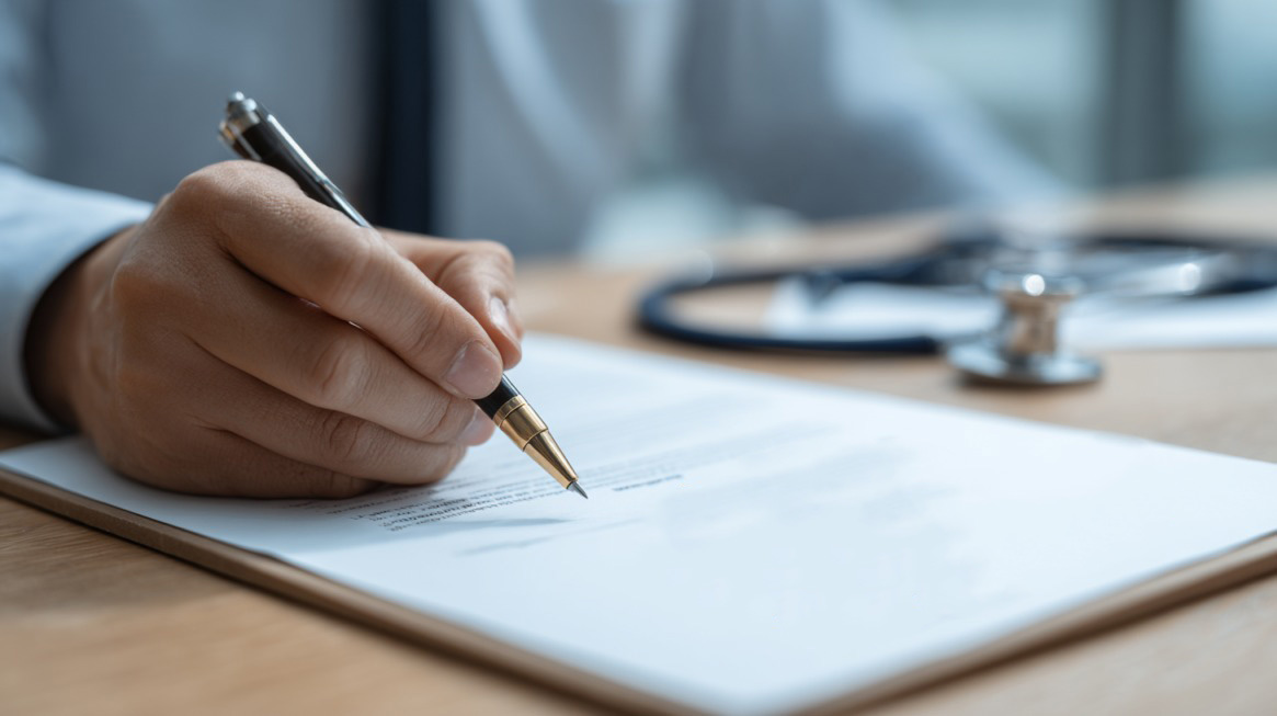 Person signing a health insurance document with a stethoscope in the background
